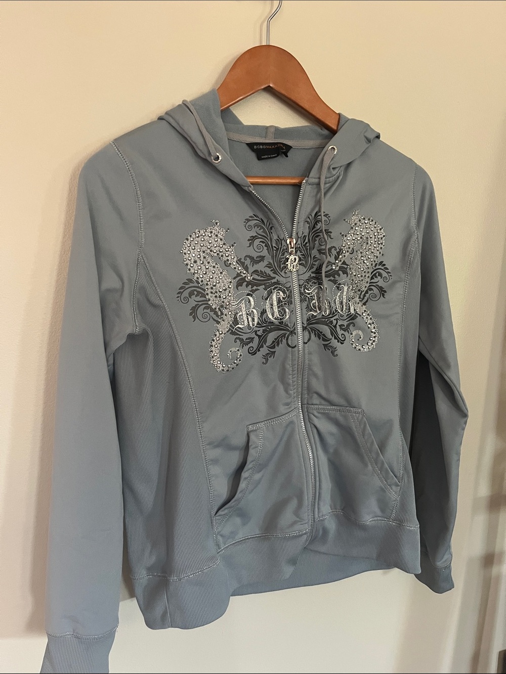 BCBG Light Blue Rhinestone Zip Hoodie Jacket